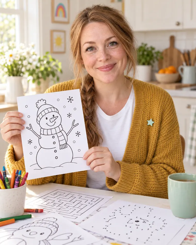 Lainey, the digital host of Pip’s Playpages, at a craft table with printable activity pages